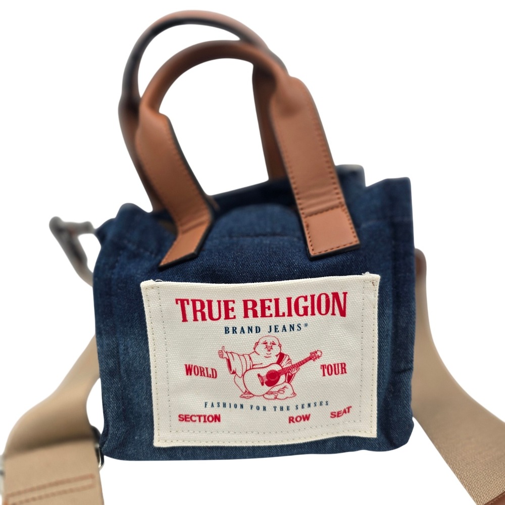 True Religion Denim Mini Tote‎ Bag Crossbody Strap Tan Leather Accents